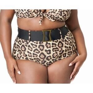 Unique Vintage Retro Leopard Belted High Waist Swim Bikini Bottom 1X NWOT
